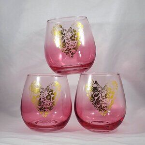 Pink Stemless Wine Glass Set Heart Shaped Design Valentines Wedding Anniversary